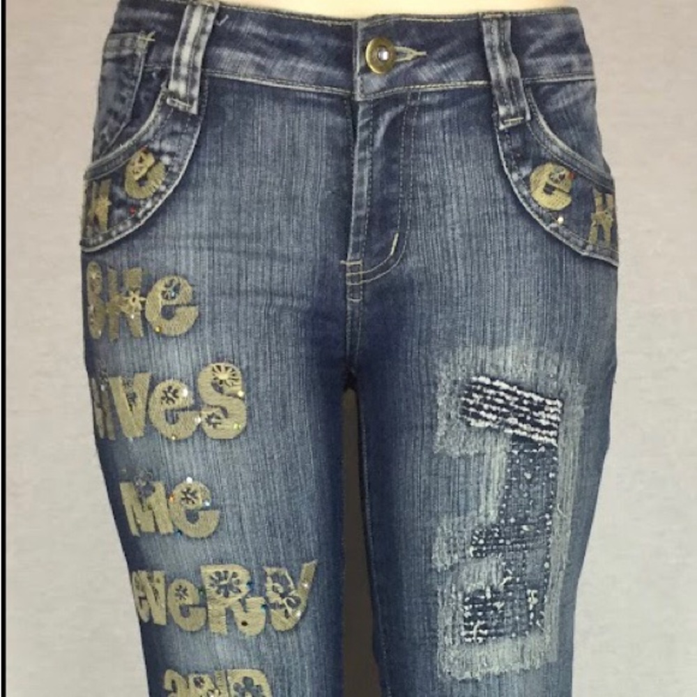 Fancy Indigo Blue Stone washed, boot cut, stretch, low rise, women’s jeans.